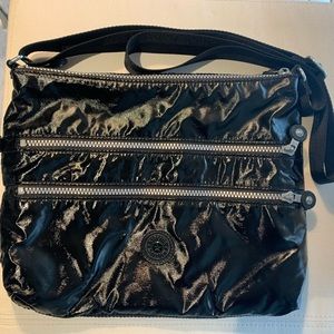 Kipling Patent Crossbody (5) Pocket Bag.  Gray/White Polka Dot interior